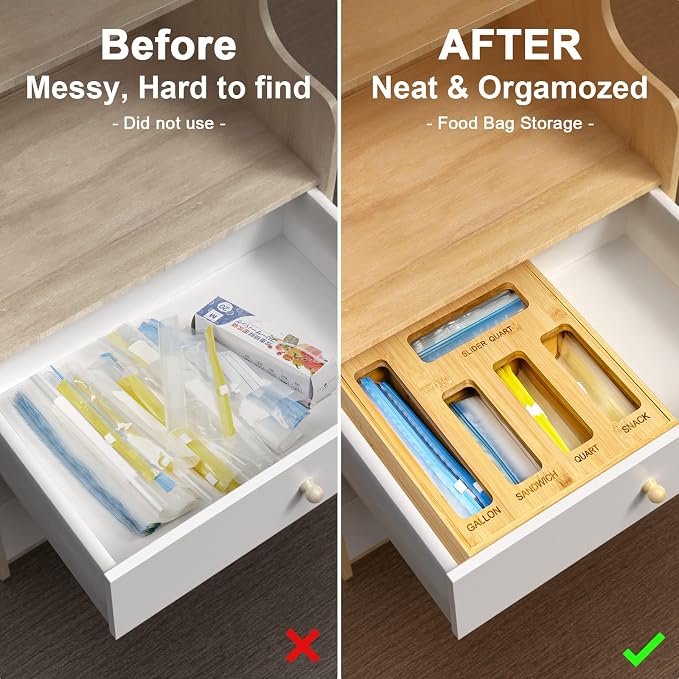 DUJEN Plastic Bag Organizer for Drawer, Bamboo Food Storage Bags Container - Image 3