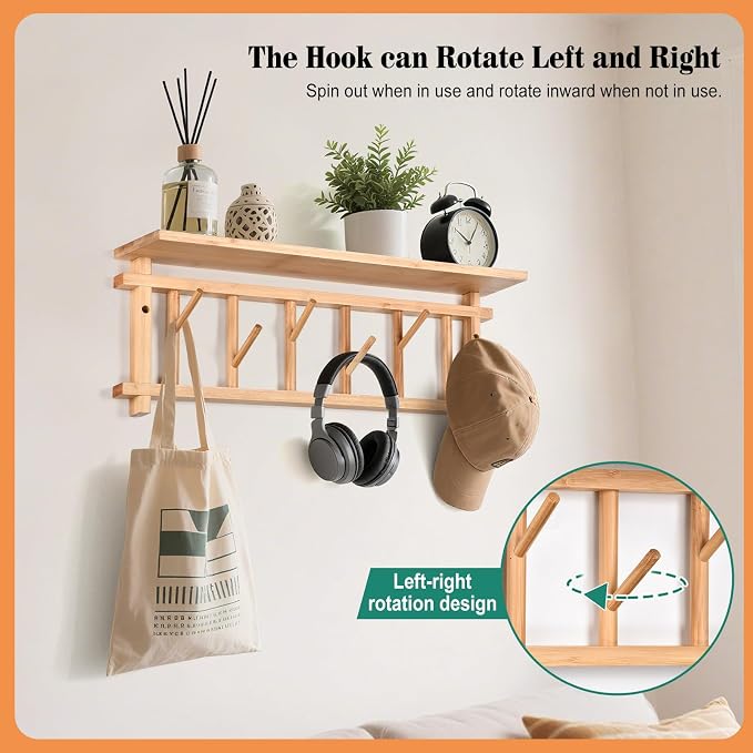 Coat Rack Wall-Mounted with Shelf Coat Hooks Wall Mount with Shelf Entryway - Image 2
