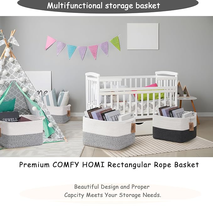 COMFY-HOMI 3-Pack Cotton Rope Woven Rectangular Basket - Image 3