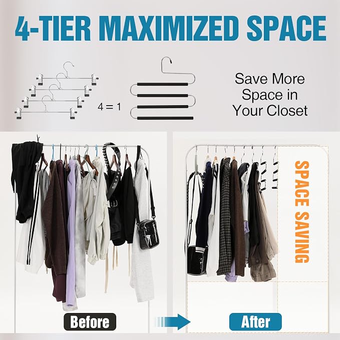 Multiple Space Saving Non Slip Foam Padded Pants Hangers 4 Tier Steel Open - Image 3