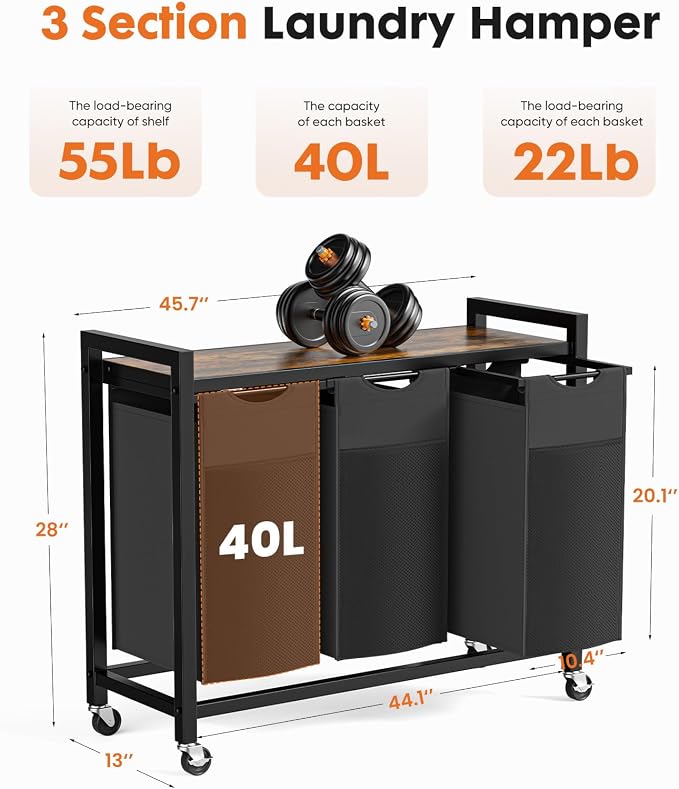 DUMOS Laundry Sorter 3 Section, 3 x 10.6 Gal Rolling Laundry Basket - Image 5