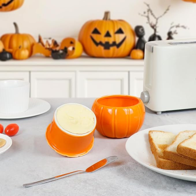 SETRON Halloween Pumpkin Butter Crock, Ceramic Butter Keeper - Image 6