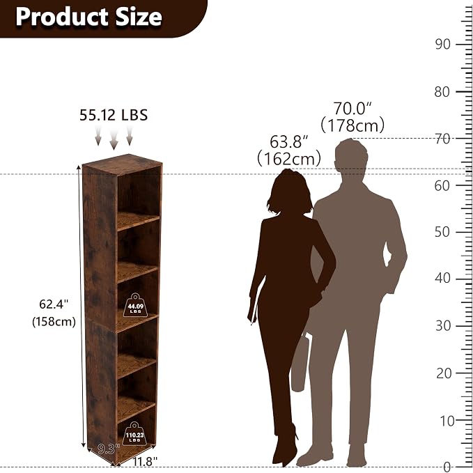 6-Tier Wooden Cube Storage Organizer, 62 Inch Tall Bookcase & Display Shelf - Image 3