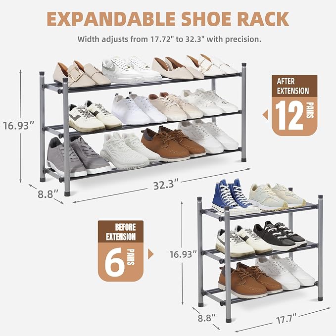 STORAGE MANIAC Expandable Shoe Rack, 12 Pairs Stackable Small Shoe Rack - Image 3