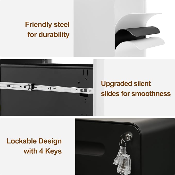 2 Drawer File Cabinet with Lock and 4 Keys, Mobile Metal Filing Cabinet - Image 4