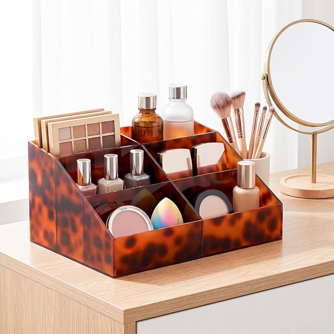 Tortoiseshell Acrylic Makeup Organizer, 6 Compartment Holder - Image 5