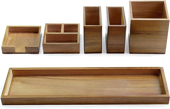 Wood Vanity Tray, 6-Piece Small Bathroom Counter Organizer Wooden Decorative by Rocdeer