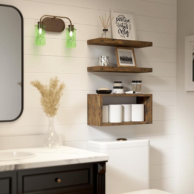 RICHER HOUSE 3-Set Brown Floating Wall Shelves, Bathroom Shelf Over Toilet | - Image 6