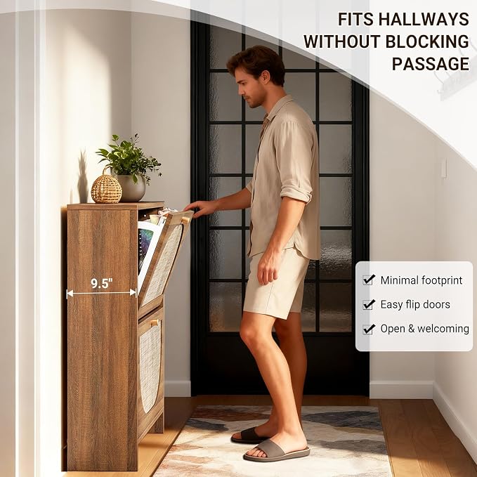 Nicetree Freestanding Ultra Slim Arched Rattan Accent Shoe Storage Cabinet - Image 4