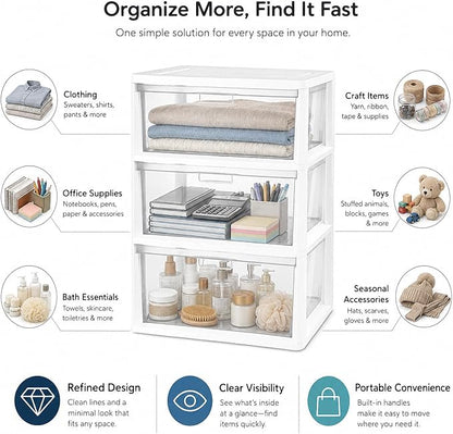 3 Drawer Plastic Storage Tower Clear Chest Organizer | Clear Removable Bins - Image 3