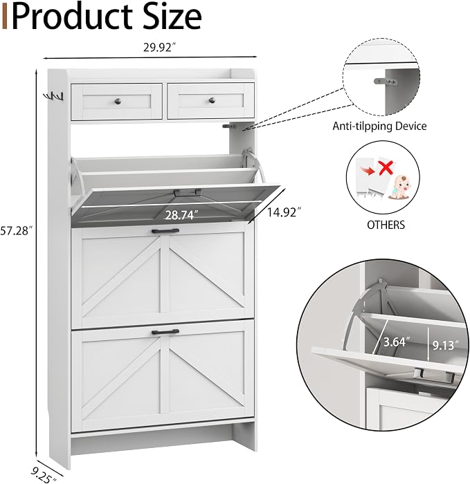 Shoe Cabinet with 3 Flip Drawers & 2 Top Drawers, Hidden Slim Shoe Rack - Image 2