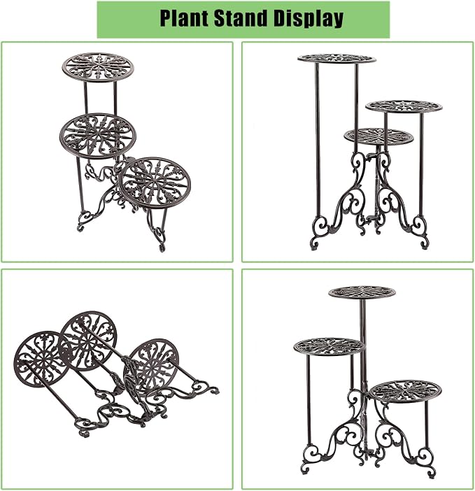 OwnMy 3 Tier Heavy Duty Cast Iron Plant Stand Foldable Wrought Iron Flower Pot - Image 5