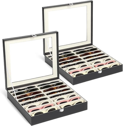 Sunglasses Organizer Case with Adjustable Slots, Eyeglasses Display with Lid by Huvon