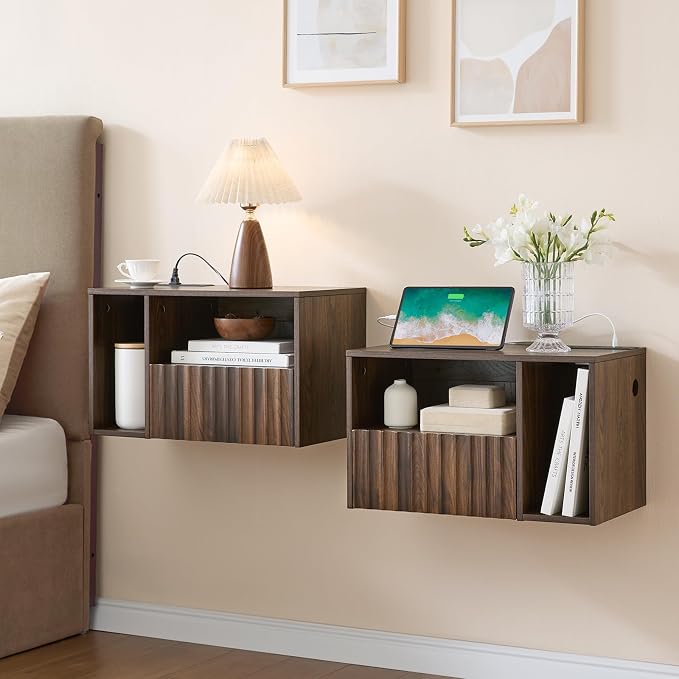 Floating Nightstand with Charging Station, Walnut Fluted Wall Mounted by BuildHom