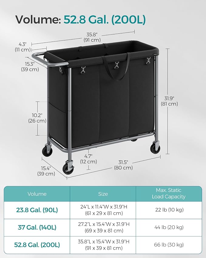 SONGMICS Laundry Basket with Wheels, 3-Section Rolling Laundry Hamper, 52.8 - Image 6
