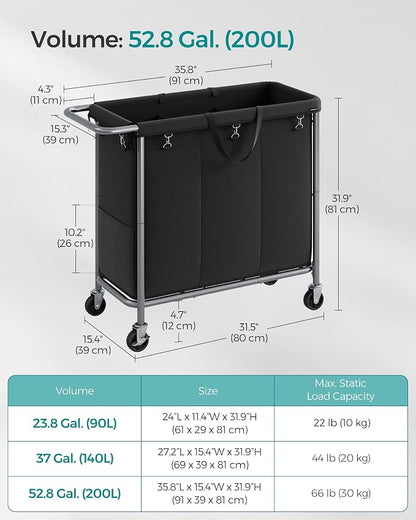 SONGMICS Laundry Basket with Wheels, 3-Section Rolling Laundry Hamper, 52.8 - Image 6