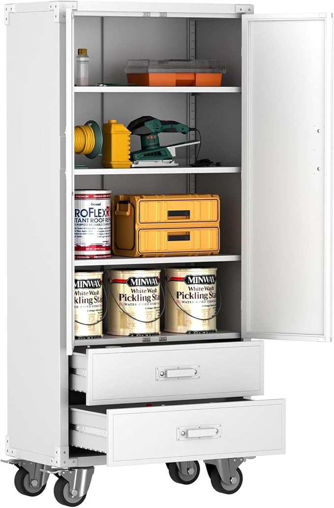 Metal Storage Cabinet with 2 Drawers, Garage Tool Cabinet on Wheels by METALYEYE