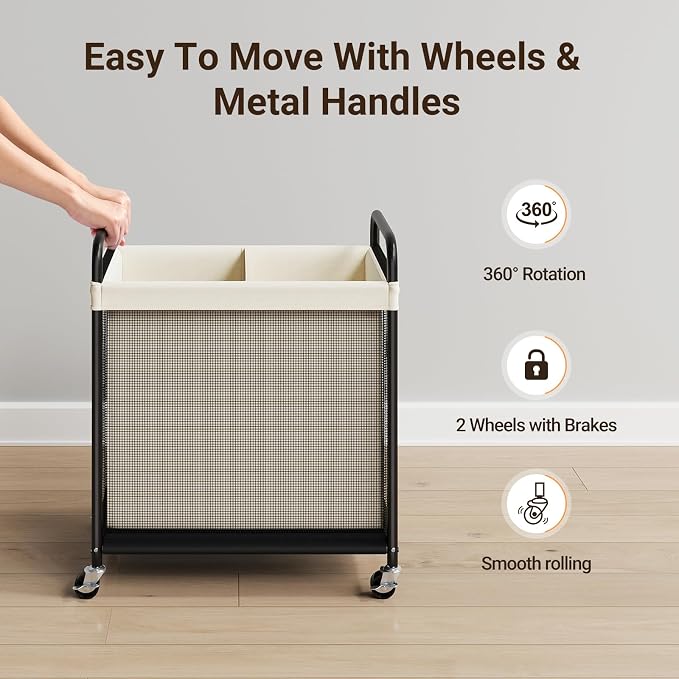 ELYKEN Laundry Hamper 2 Section, 100L Rolling Laundry Sorter - Image 5