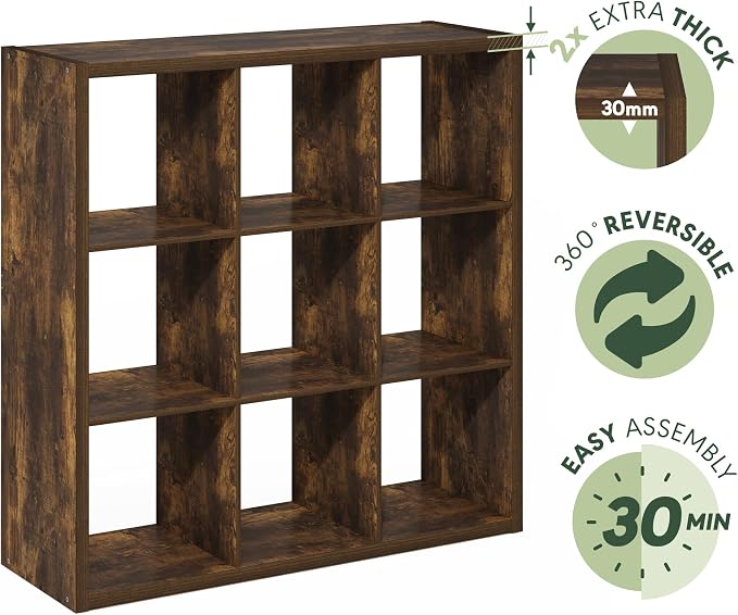 Furinno Cubicle 9-Cube Book Shelf, Extra Thick Frame Bookshelf, Amber Pine | - Image 8