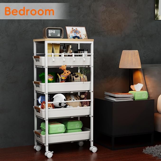5-Tier Kitchen Storage Cart, Wood Top Rolling Cart Organizer - Image 7