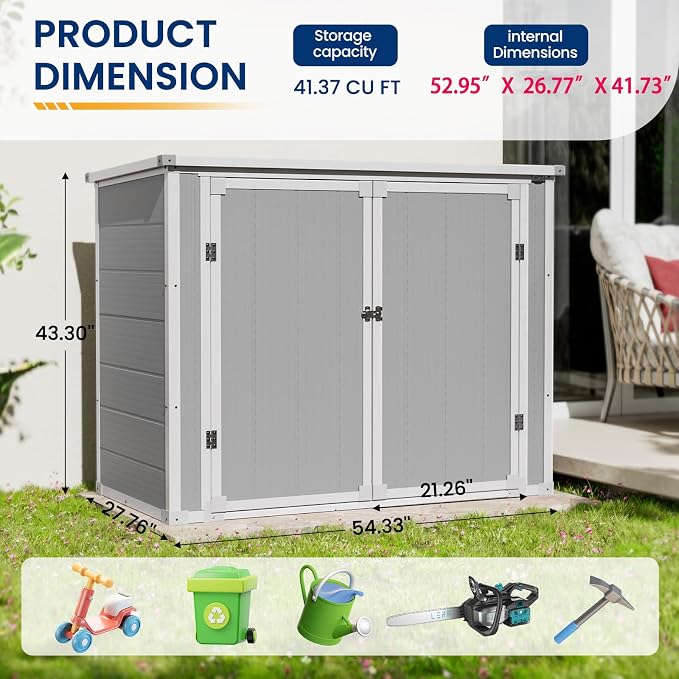 Amopatio 41 Cu Ft Outdoor Storage Shed, Horizontal Resin Trash Can Storage - Image 3