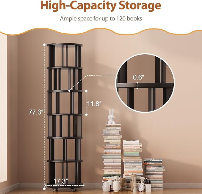 Solid Wood Rotating Bookshelf on Wheels, 6 Tier, Round Revolving Bookcase - Image 2