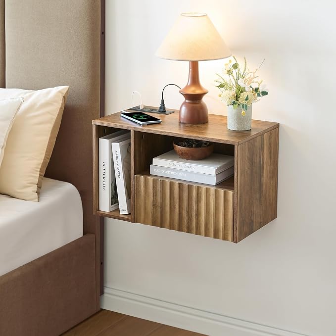 Modern Rustic Brown Fluted Floating Nightstand by BuildHom
