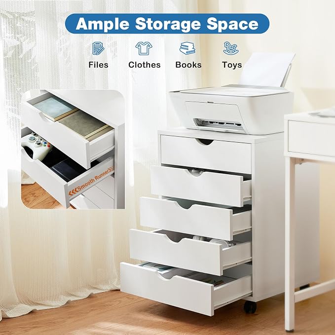 OLIXIS 5 Drawer File Cabinet on Wheels, Printer Stand | Fits Under Desks - Image 6