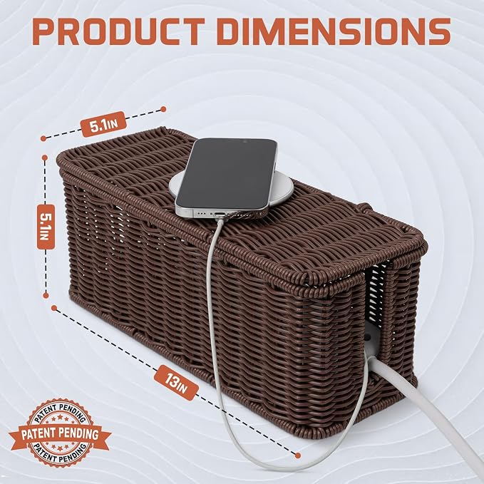 Cable Management Box, Handmade Rattan Cable Organizer, 2 Open Slots Cords Hider - Image 2
