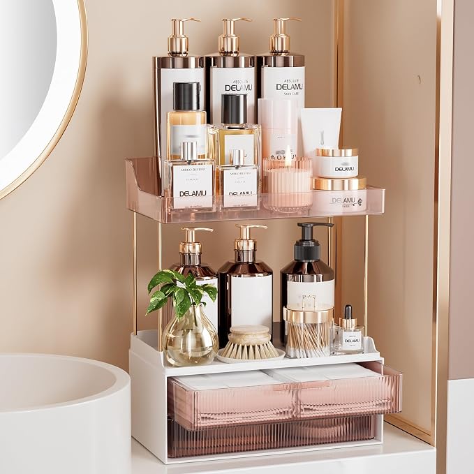 Delamu Bathroom Organizers and Storage, 2 Tier 2 Drawer Makeup Organizer by DELAMU