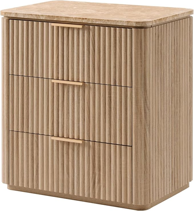 Fluted Nightstand with 3 Drawers, Engineered Wood Bedside Table with Faux - Image 8