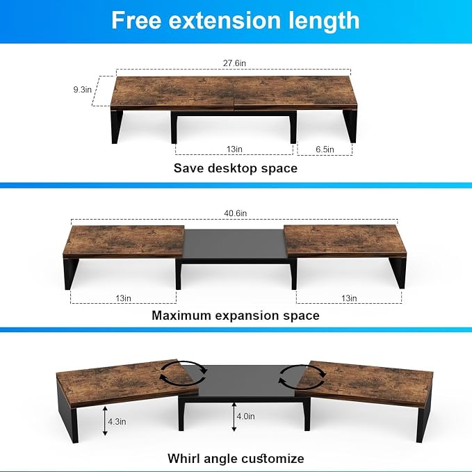 Dual Monitor Stand for Desk, Wooden Monitor Riser, Desk Shelf for Top of Desk - Image 4