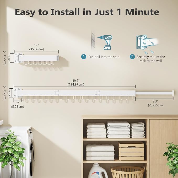 JAUREE Clothes Drying Rack Wall Mounted, Space-Saving Drying Rack Clothing - Image 6
