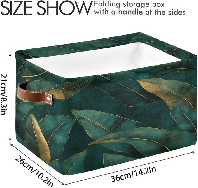 Dark Green and Gold Leaf Pattern Storage Bins Box Foldable Shelf Basket - Image 3