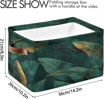 Dark Green and Gold Leaf Pattern Storage Bins Box Foldable Shelf Basket - Image 3