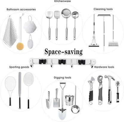 3 Racks and 4 Hooks Broom and Mop Holder Wall Mounted Garage Organizer Storage - Image 4