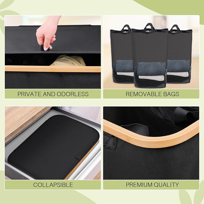 160L Laundry Hamper with Lid, 3 Section Laundry Basket with 3 Removable Bag | - Image 7