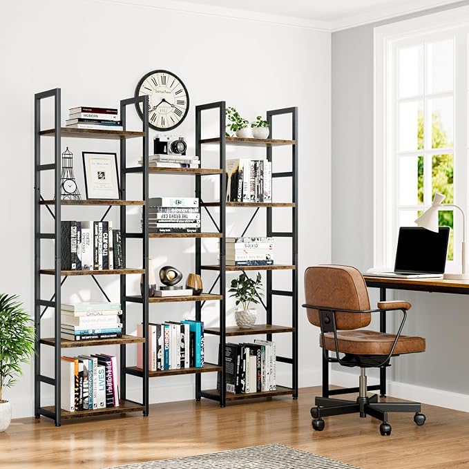 NUMENN Triple Column 5 Tier Bookshelf, Bookcase - Image 7