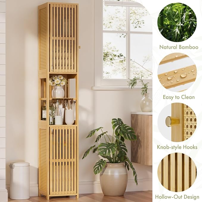 Amazer 70'' Tall Bathroom Storage Cabinet Bamboo, Slim Storage Cabinet - Image 3