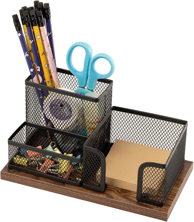 Antique Wood & Mesh Pen Holder Office Supplies Caddy, Storage Baskets - Image 2