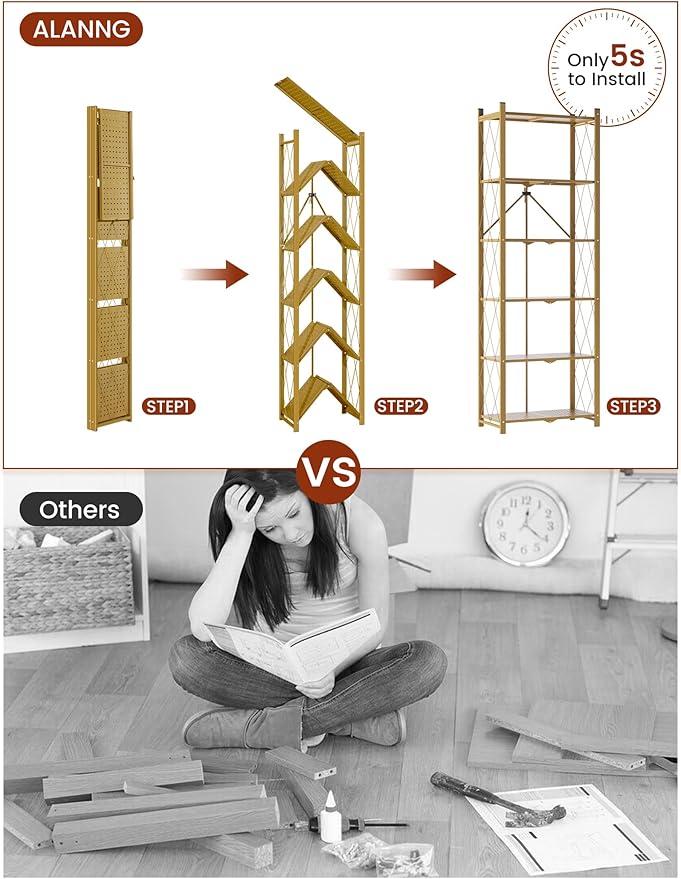 ALANNG 73.6 Inch Folding Bookshelf, 6 Tier Metal Bookcase and Bookshelves | - Image 4
