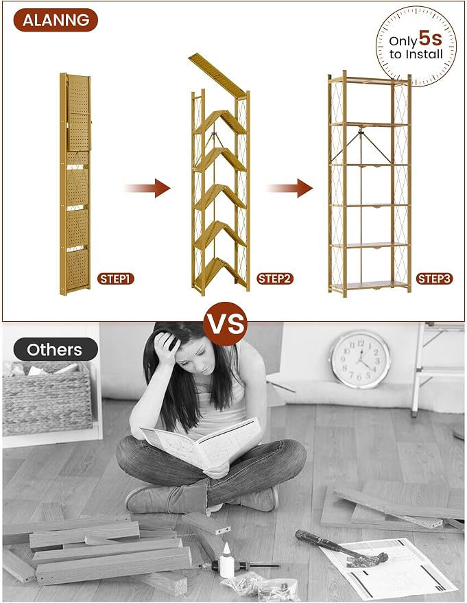 ALANNG 73.6 Inch Folding Bookshelf, 6 Tier Metal Bookcase and Bookshelves | - Image 4