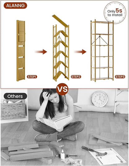 ALANNG 73.6 Inch Folding Bookshelf, 6 Tier Metal Bookcase and Bookshelves | - Image 4