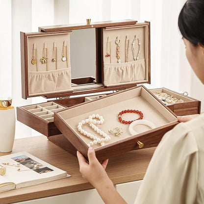 Wooden Jewelry Box for Women, 3 Level Multi-functional Drawers Black Walnut - Image 2