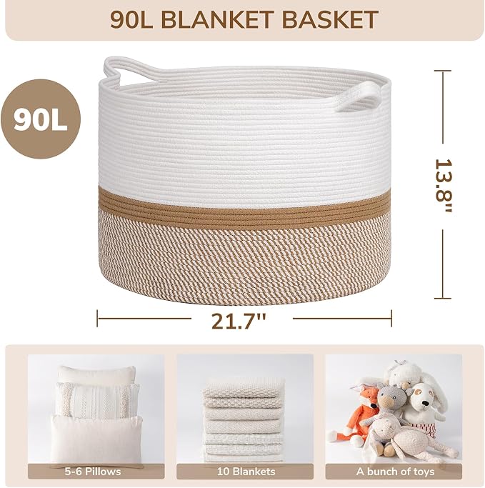 INDRESSME XXXLarge Cotton Rope Basket 21.7" x 21.7" x 13.8" Woven Baby laundry - Image 3