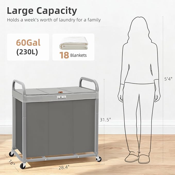 STORAGE MANIAC 3 Section Laundry Sorter, 60 Gal. Laundry Hamper Cart - Image 3