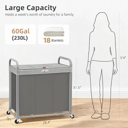 STORAGE MANIAC 3 Section Laundry Sorter, 60 Gal. Laundry Hamper Cart - Image 3