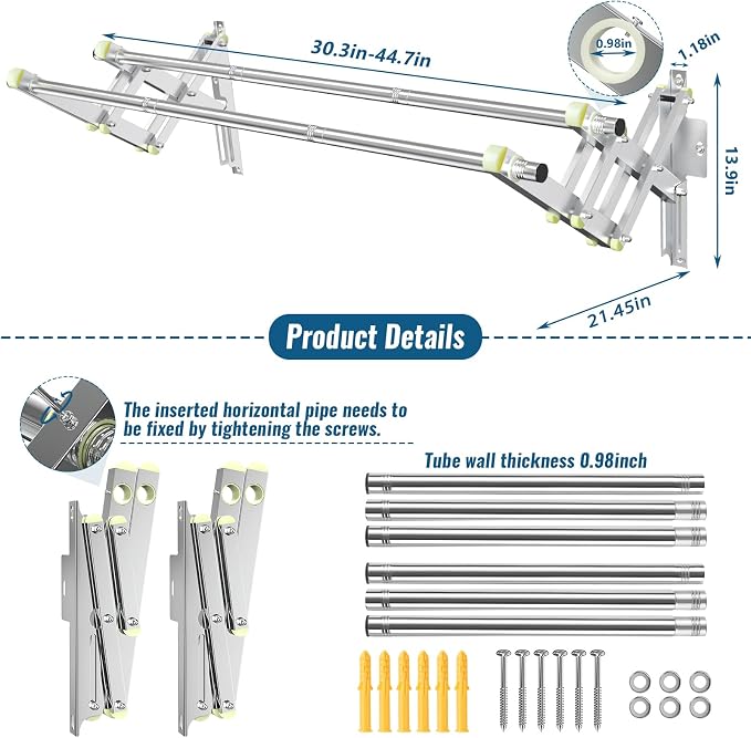 Foldable Wall Mounted Clothes Rack-Double 44'' Long Rod&2 Bases, Stainless Steel - Image 5