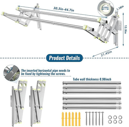 Foldable Wall Mounted Clothes Rack-Double 44'' Long Rod&2 Bases, Stainless Steel - Image 5