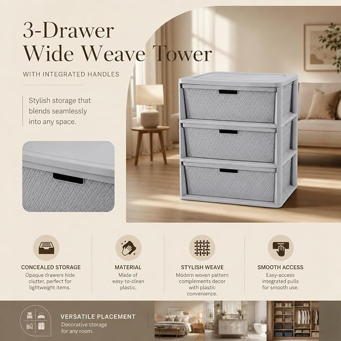 Wide 3-Drawer Plastic Storage Tower, Cross-Weave Decorative Organizer Chest - Image 9